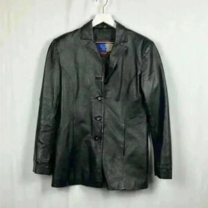 Lobi Lobi Womens Leather Jacket Black M Regular Fit Button Front Pockets Classic